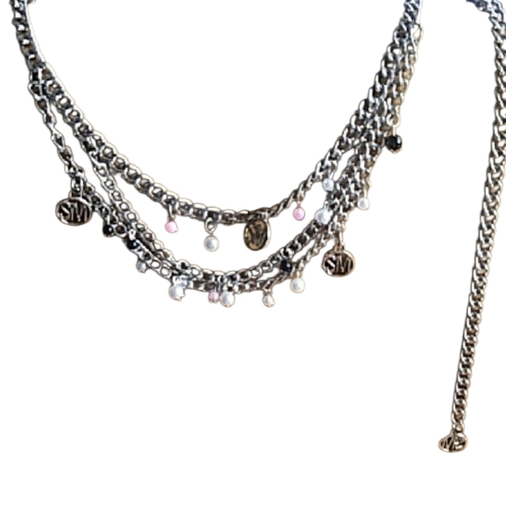 Steve Madden Silver Chain Belt With Beads Pearls & Monogrammed Charms